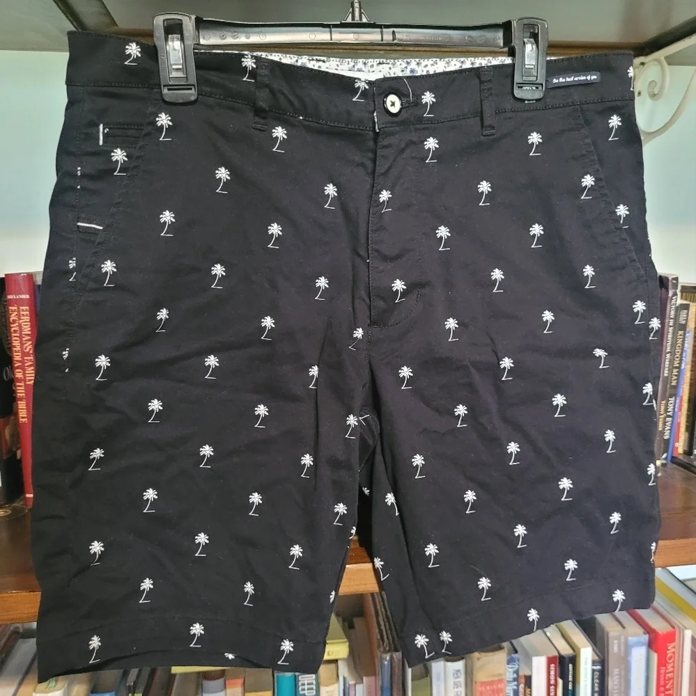 Denim & Flower Black Shorts with White Palm Tree Print
